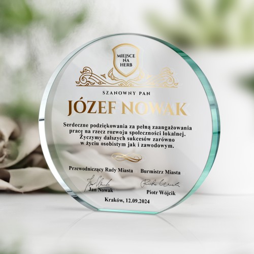 Statuetka szklana z nadrukiem dla urzędnika - Oddany społeczeństwu