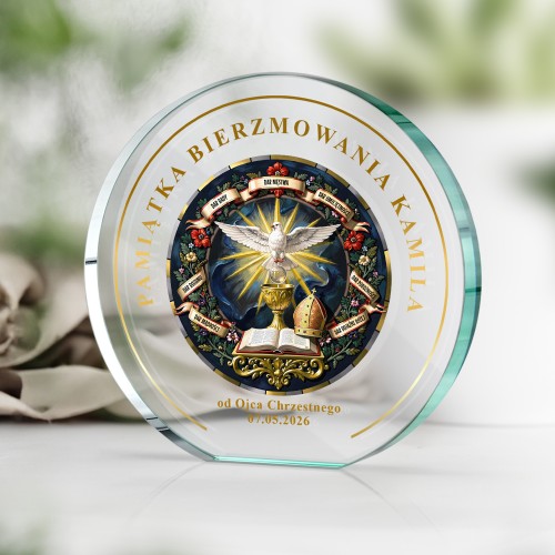 Statuetka szklana z nadrukiem na bierzmowanie dla niego - Dary Ducha Świętego