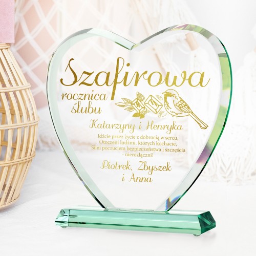 Szklana statuetka z grawerem na 45 rocznicę ślubu - Szafirowa