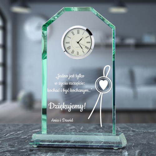 Statuetka szklana na prezent dla rodziców z zegarem - Wielkie Dzięki