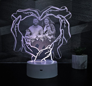 Egyedi fényképes gravírozott 3D lámpa "kéz-szív" fehér