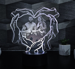Egyedi fényképes gravírozott 3D lámpa "kéz-szív" fekete