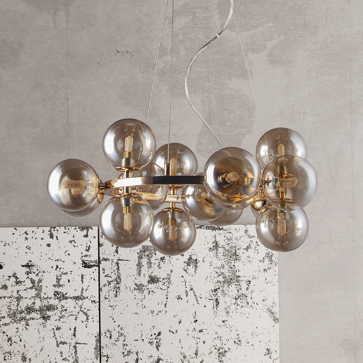 Marbelio, nowoczesna okrągła lampa wisząca, G9, złota z dymionymi kloszami, PND-6161-15 GO+CO