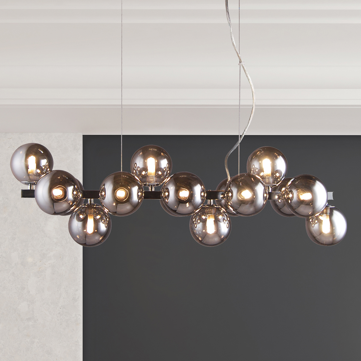 Marbelio, nowoczesna podłużna lampa wisząca, G9, chromowa z grafitowymi kloszami, PND-6161-16 CH+SM