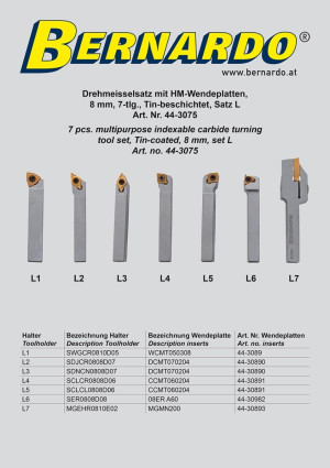 Noże tokarskie z płytkami weglikowymi HM, 8 mm, 7 szt. Zestaw L BERNARDO
