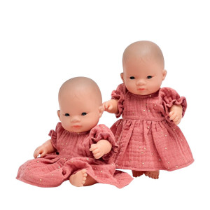 Sukienka dla lalki Miniland 21 cm, marsala złote kropki