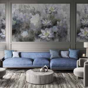 Tapeta Artystyczna Malumi Lotus Blossom - Grey - W Kwiaty Lotosu