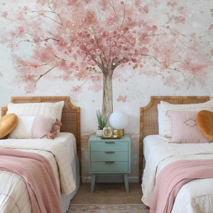 Tapeta Malumi MERRY CHERRY - Pink - Z Drzewem Wiśni I Kwiatami