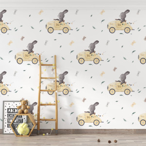 Tapeta do pokoju dziecka Retro-wyścig królik w aucie