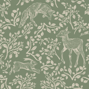 Tapeta do pokoju dla dziecka Forest animals and fairytale green
