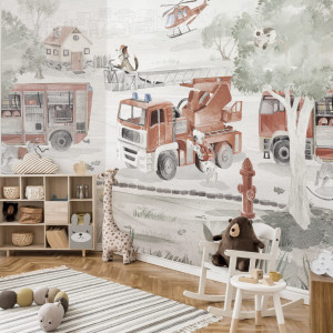 Tapeta Malumi FIRE PATROL - Green - Z Wozem Strażackim I Zwierzątkami