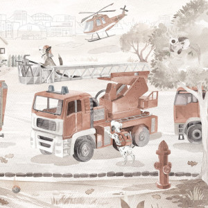 Tapeta Malumi FIRE PATROL - Sepia - Z Wozem Strażackim I Zwierzątkami