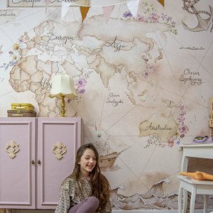 Tapeta do pokoju dziecka Mural Mapa Świata Morska beżowa