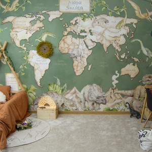 Tapeta do pokoju dziecka Mural Mapa Świata Dinozaury zielona