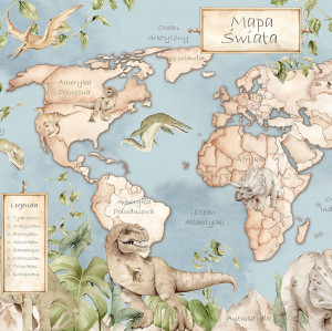 Tapeta do pokoju dziecka Mural Mapa Świata Dinozaury niebieska