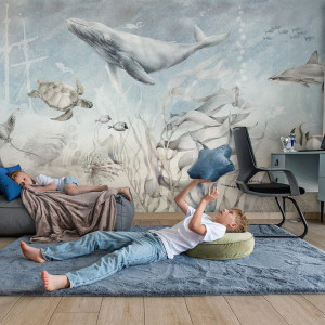 Tapeta Malumi MARINE ADVENTURE - Gray Blue - Z Wielorybem I Morskimi Zwierzakami