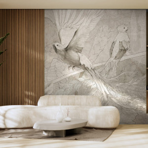 Tapeta Artystyczna Panama - Warm Grey - Nowoczesna Tapeta Do Salonu I Sypialni Z Egzotycznymi Ptakami