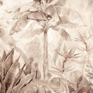 Tapeta Artystyczna Paradise - Warm Beige - Tapeta Do Salonu I Sypialni Z Tropikalnymi Roślinami I Kwiatami Strelicji