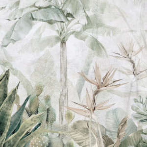 Tapeta Artystyczna Paradise - Sage Green - Tapeta Do Salonu I Sypialni Z Tropikalnymi Roślinami I Kwiatami Strelicji