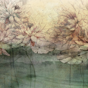Tapeta Artystyczna Water Lilies - Orange - Tapeta Do Salonu Z Motywem Lilii Wodnych