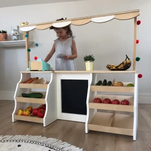 Duży Drewniany Sklepik Stragan dla Dzieci Montessori z tablicą kredową- zabawka kreatywna