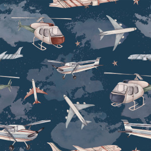 Tapeta do pokoju dziecka samoloty i helikoptery granatowa Dekorillo