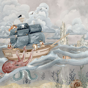 Tapeta do pokoju dziecka PIRATE STORY Dekorillo – ze statkiem pirackim mural beż