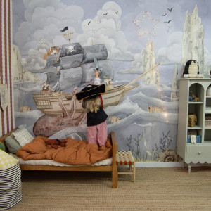 Tapeta do pokoju dziecka PIRATE STORY Dekorillo – ze statkiem pirackim mural niebieska