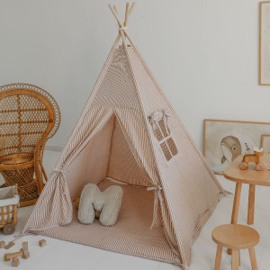 Beige Stripes – tipi, namiot dla dzieci z matą podłogową z dwustronnego muślinu