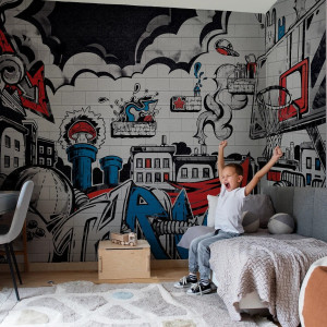 Tapeta dla dzieci Malumi GRAFFITI - red - tapeta skejciarska do pokoju nastolatka