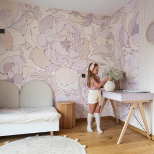 Tapeta dla dzieci Malumi PEONIES - purple - subtelna tapeta do pokoju dziewczynki