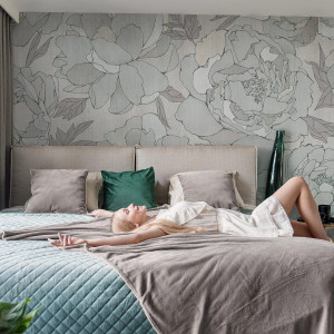 Tapeta dla dzieci Malumi PEONIES - sage grey - tapeta do salonu w duże kwiaty