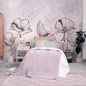 Tapeta dla dzieci Malumi FLORA KIDS - purple - tapeta w motyle i kwiaty do pokoju dziewczęcego