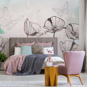 Tapeta dla dzieci Malumi FLORA KIDS - mint - tapeta w kwiaty i motyle do pokoju dziewczęcego