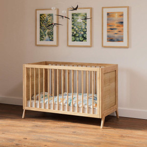Drewniane łóżeczko z rattanem 3w1 do pokoju dziecka 120x60 cm Marélia Bois