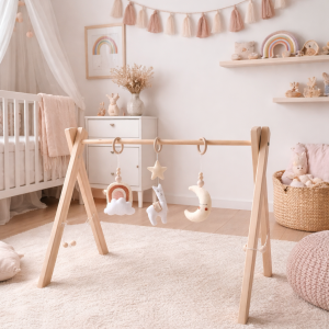 Baby Gym Alpaka i Księżyc – drewniany stojak Montessori dla niemowląt