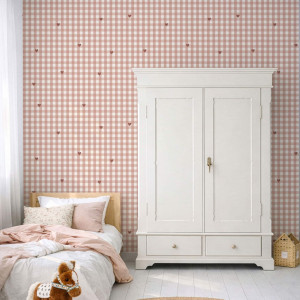 Tapeta w kratkę i serduszka terracotta – tapeta vichy do pokoju dziecka