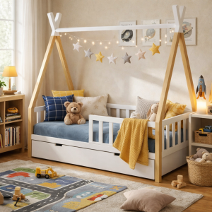 Łóżko tipi Montessori dla dzieci – drewniane łóżko domek
