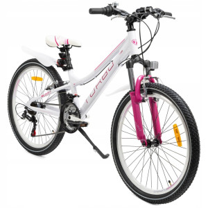 Rower dziecięcy MTB 24” aluminiowy biało-różowy | rower górski junior Shimano 21 biegów