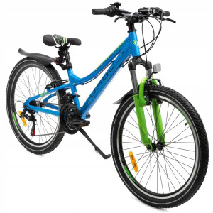 Rower dziecięcy MTB 24” aluminiowy niebieski-zielony | rower górski junior Shimano 21 biegów