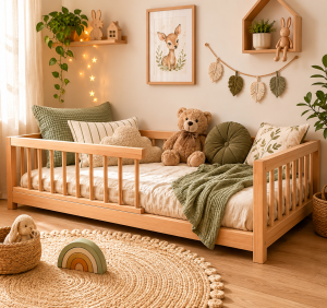 Drewniane Łóżko Pojedyncze Bukowe Piko Floor Bed z okrągłymi szczebelkami do pokoju dziecka