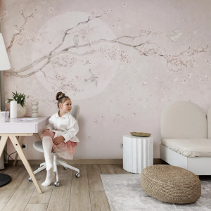 Tapeta MAGNOLIA - coconut - jasna tapeta dziecięca z gałązkami i ptaszkami