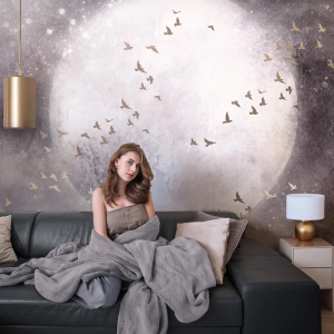 Tapeta MOONLIGHT FLY - warm grey - tapeta salonowa z księżycem i ptakami