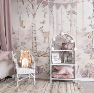 Tapeta HELLO RABBIT - pink - leśny mural ze zwierzętami do pokoju dziewczynki