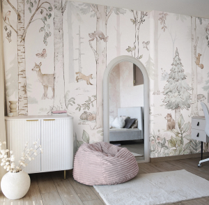Tapeta HELLO RABBIT - sage - leśny mural ze zwierzętami do pokoju dziecka