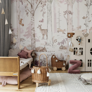 Tapeta HELLO RABBIT - white- tapeta ze zwierzątkami i lasem do pokoju dziecięcego