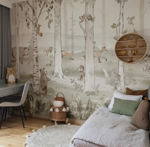 Tapeta HELLO TEDDY - khaki - dziecięca tapeta z misiami pośród drzew
