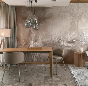 Tapeta RIVERSIDE BOAT - neutral - artystyczna tapeta pejzażowa do eleganckiego salonu lub sypialni