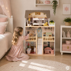 Domek dla Lalek Laura ECOTOYS 3 Piętra 5 Pokoi Balkon 15 Mebelków
