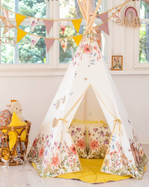 Zestaw XL Namiot tipi, mata, 2 poduszki chmurki, poszewka "Polne kwiaty"